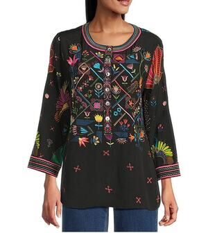 John Mark Womens S Petite Black Multi Embroidered Hi-Low Tunic Viscose NEW